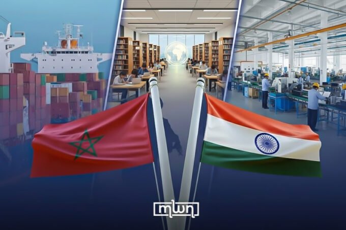 Illustration depicting the multifaceted bilateral ties between Morocco and India, including maritime trade, industrial factors, and a learning lab.