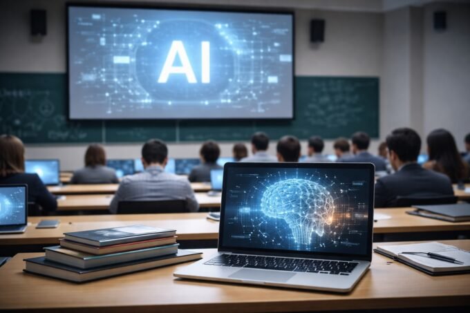 Illustration d'un campus universitaire marocain avec des éléments visuels évoquant l'intelligence artificielle et la technologie, symbolisant l'intégration de l'IA dans l'enseignement supérieur.