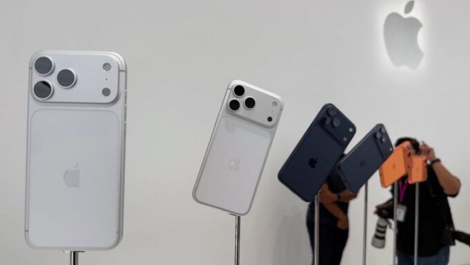 iPhone 17 Pro smartphones on display at Apple Park, hinting at future iPhone 18 Pro color options.