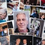 A silhouette of Jeffrey Epstein against a backdrop of court documents and news headlines, symbolizing his secrets.