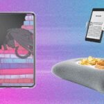 A collection of various Kindle accessories, including cases, grips, and a page turner, arranged neatly around a Kindle e-reader.