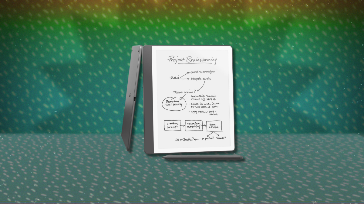 Amazon Kindle Scribe with Premium Pen on a desk