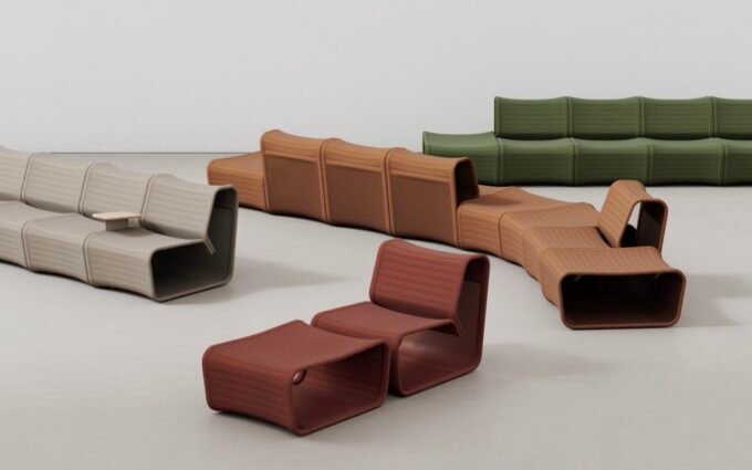 Isomi Knit One Chair, a modular seating system with a 3D-knitted skin made from recycled marine plastic, shown in a modern interior.