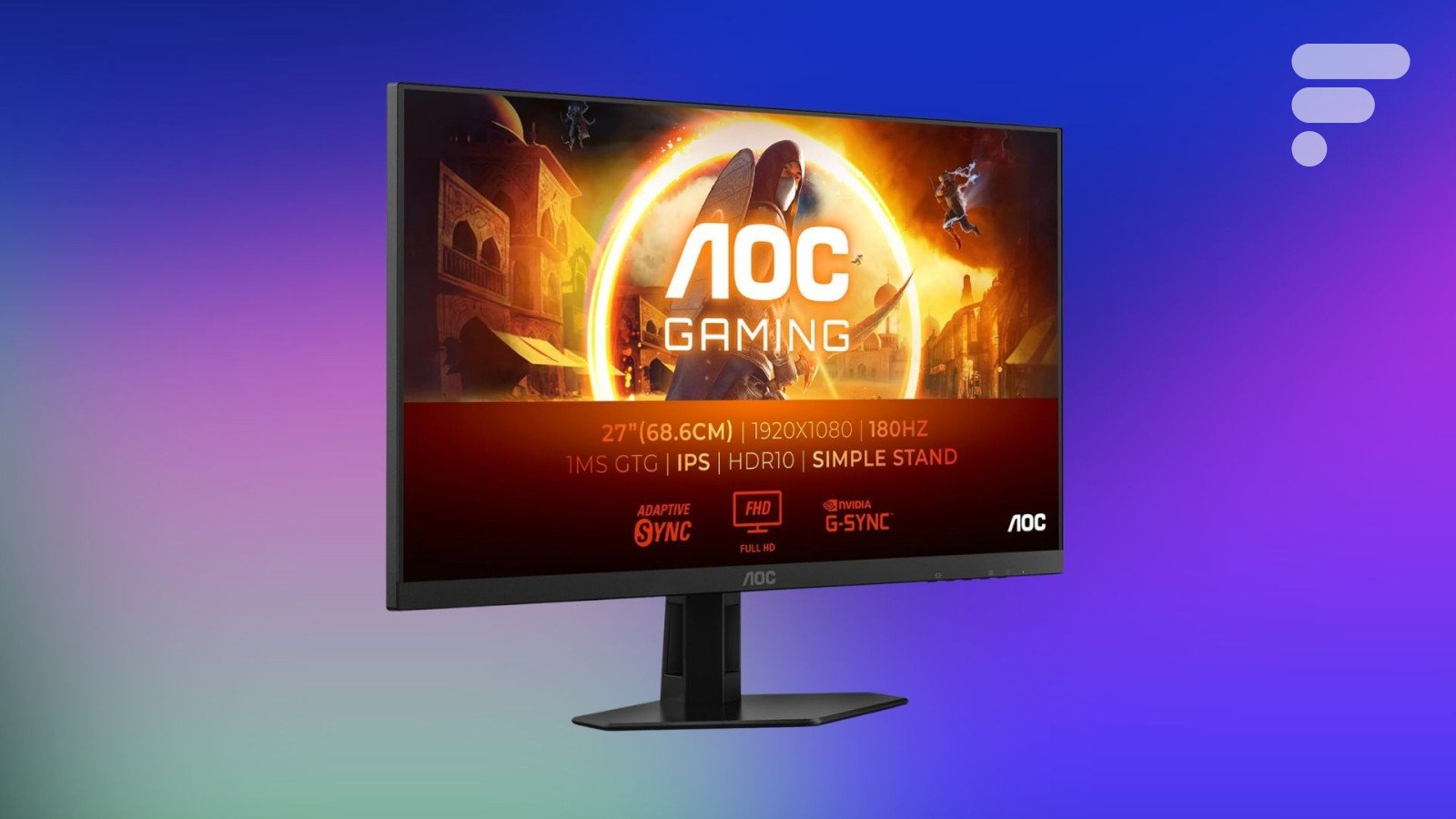 Écran PC gamer AOC 27G4XED avec un taux de rafraîchissement de 180 Hz et un temps de réponse de 1 ms, affiché à moins de 100 euros.