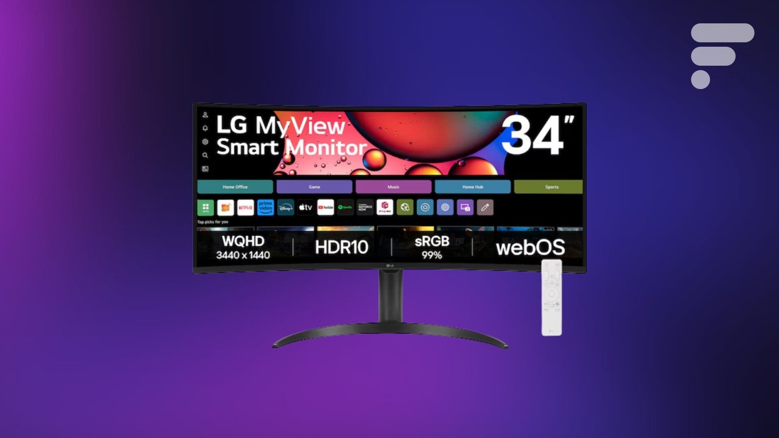 Image du moniteur intelligent LG MyView de 34 pouces, affichant un bureau virtuel et des applications de streaming, posé sur un bureau moderne.