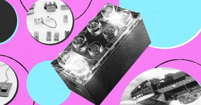 Lego's Smart Brick: A Miniature Marvel Reimagining the Future of Play 7 A close-up of Lego's new Smart Brick, a small black 2x4 brick, surrounded by various Star Wars Lego sets like the Millennium Falcon and a TIE fighter, showcasing interactive play.