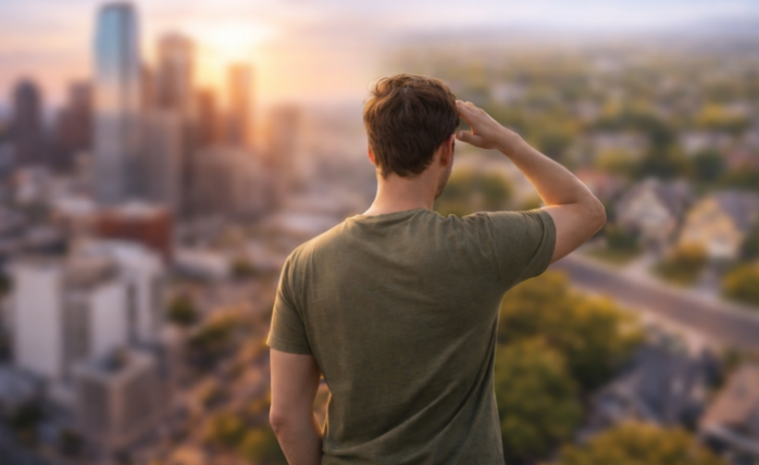 A person looking at a map with financial charts overlaid, symbolizing strategic relocation for financial gain.