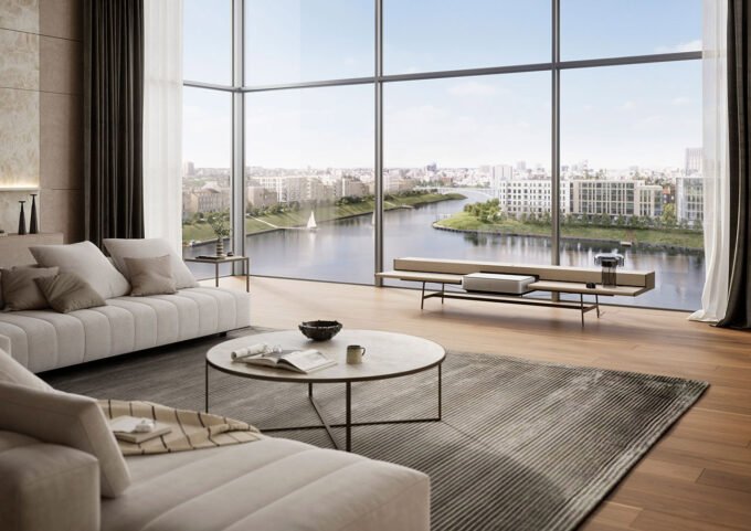 The YOMEI Lumina Sideboard in a modern living room, with its top flap open revealing a hidden projector screen and the Leica Cine 1 projector, showcasing a vibrant movie scene.