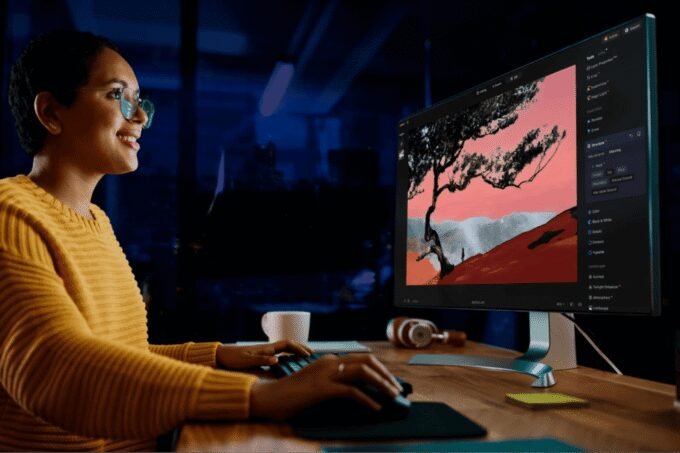 Luminar Neo software interface showing AI photo editing tools and enhanced brand images