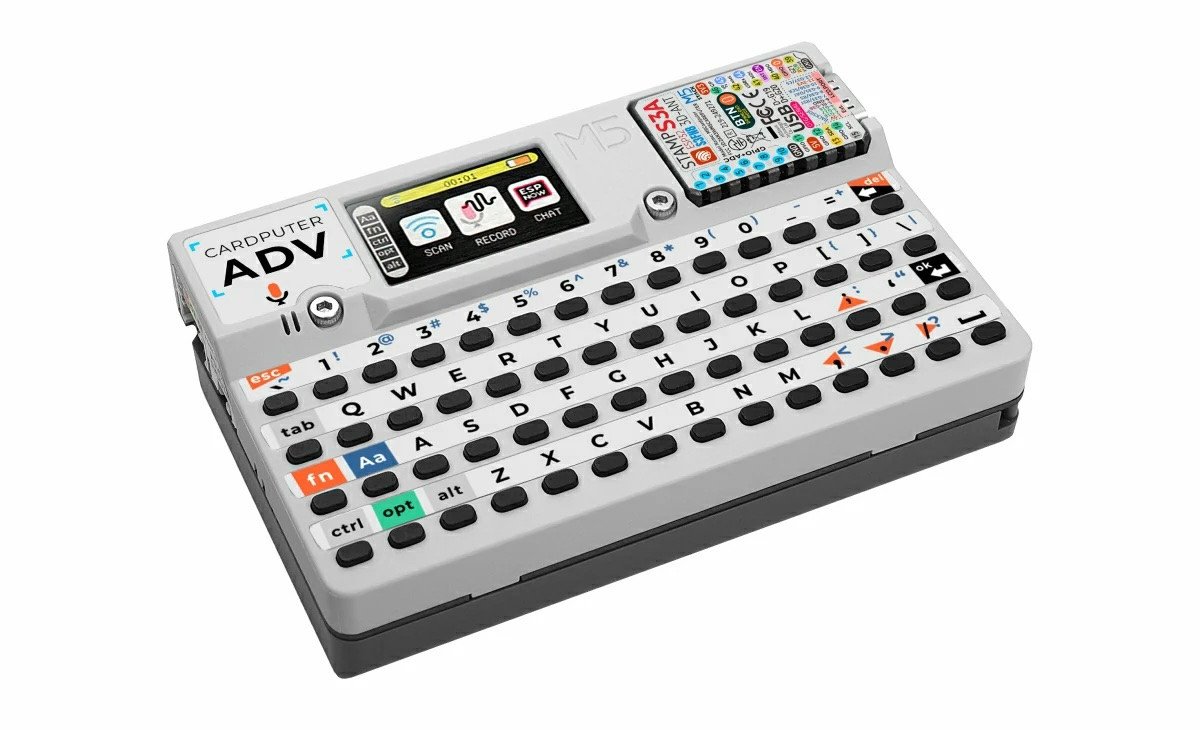 M5Stack Cardputer Adv Version, a white and grey credit-card-sized computer with a small keyboard and screen.