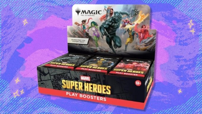 Magic: The Gathering Marvel Super Heroes Play Booster Box displayed with a discounted price on Amazon.