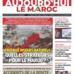 Carte du Maroc avec des symboles de risques naturels comme des vagues, des fissures et des nuages d'orage, illustrant les défis environnementaux du pays.