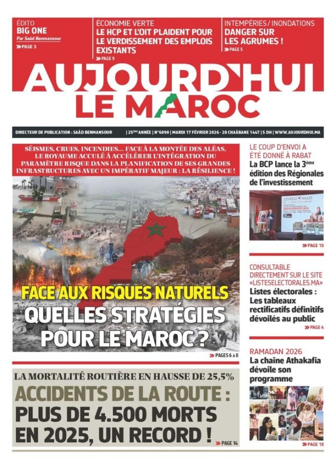 Carte du Maroc avec des symboles de risques naturels comme des vagues, des fissures et des nuages d'orage, illustrant les défis environnementaux du pays.