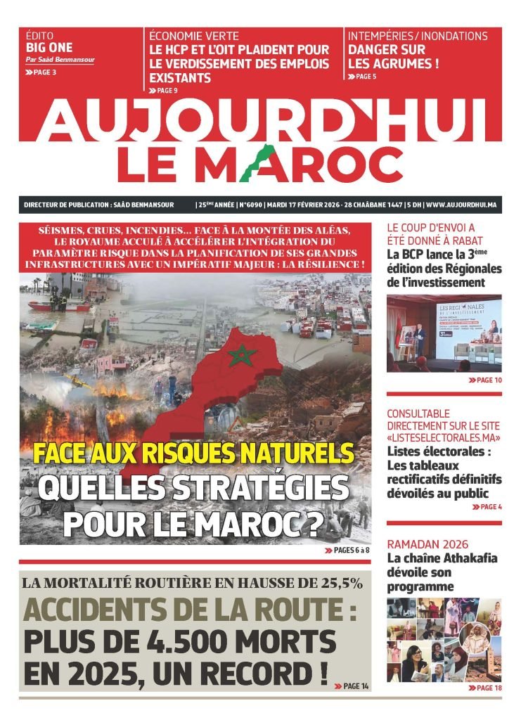 Carte du Maroc avec des symboles de risques naturels comme des vagues, des fissures et des nuages d'orage, illustrant les défis environnementaux du pays.