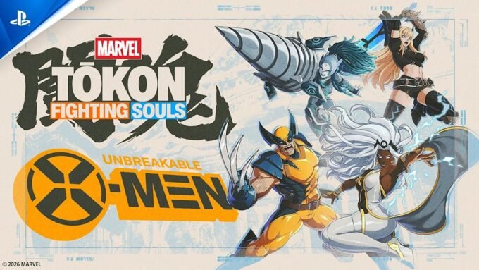 Artwork featuring Marvel Tōkon: Fighting Souls characters, including Wolverine, Storm, Captain America, and Spider-Man, in a dynamic fighting pose.