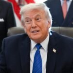 Donald Trump speaking, with logos of Netflix, Paramount, and Warner Bros. Discovery subtly in the background, representing the media industry battle.