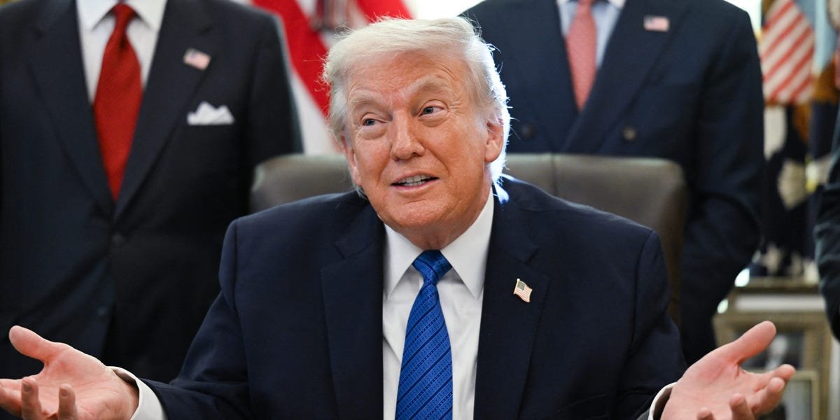 Donald Trump speaking, with logos of Netflix, Paramount, and Warner Bros. Discovery subtly in the background, representing the media industry battle.