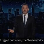 Jimmy Kimmel on stage, discussing the Melania Trump documentary box office numbers