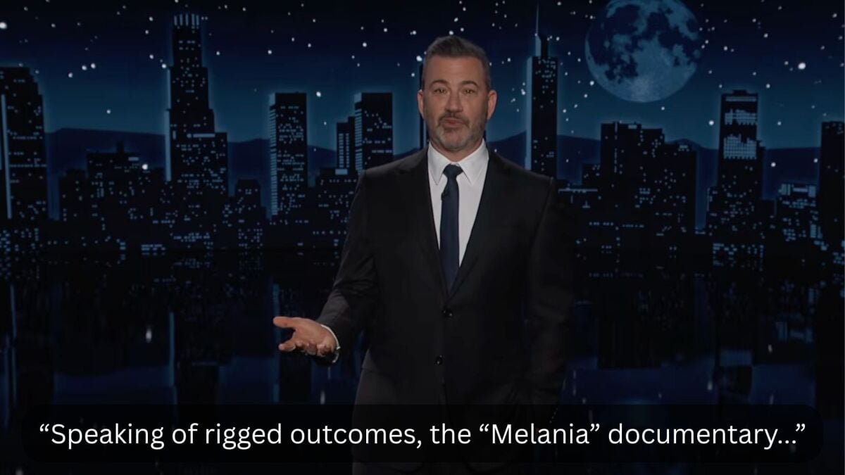 Jimmy Kimmel on stage, discussing the Melania Trump documentary box office numbers