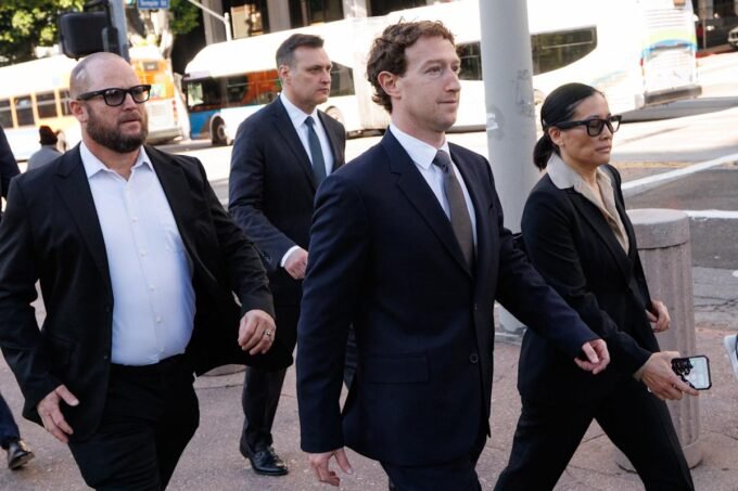 Meta CEO Mark Zuckerberg arriving at Los Angeles Superior Court for a social media addiction trial.