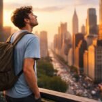 A person looking out over a vibrant city skyline, symbolizing new beginnings and personal transformation after relocation.