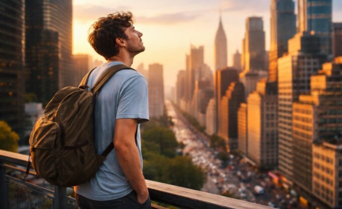 The Transformative Power of Relocation: How a New City Reshapes Your Mind 10 A person looking out over a vibrant city skyline, symbolizing new beginnings and personal transformation after relocation.