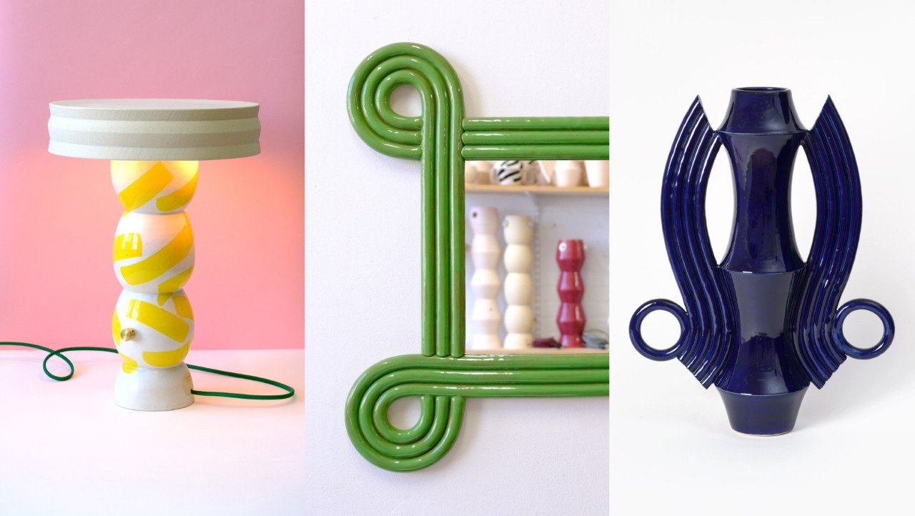 A collection of ceramic lamps, mirrors, and a vase by Beginner Ceramics, showcasing modern and sculptural home decor.