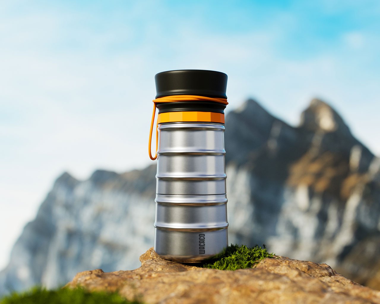 The MokaMax Portable Coffee Pot, a sleek, ribbed aluminum device for brewing fresh coffee on the go.