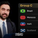 Zohran Mamdani speaking at a press conference, with a backdrop related to the FIFA World Cup 2026.