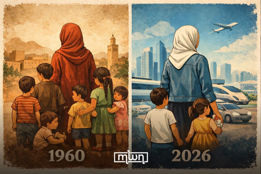 A graphic illustrating Morocco's declining fertility rate and aging population trends.