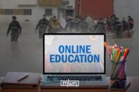 Moroccan students engaging in distance learning on laptops during flood displacement