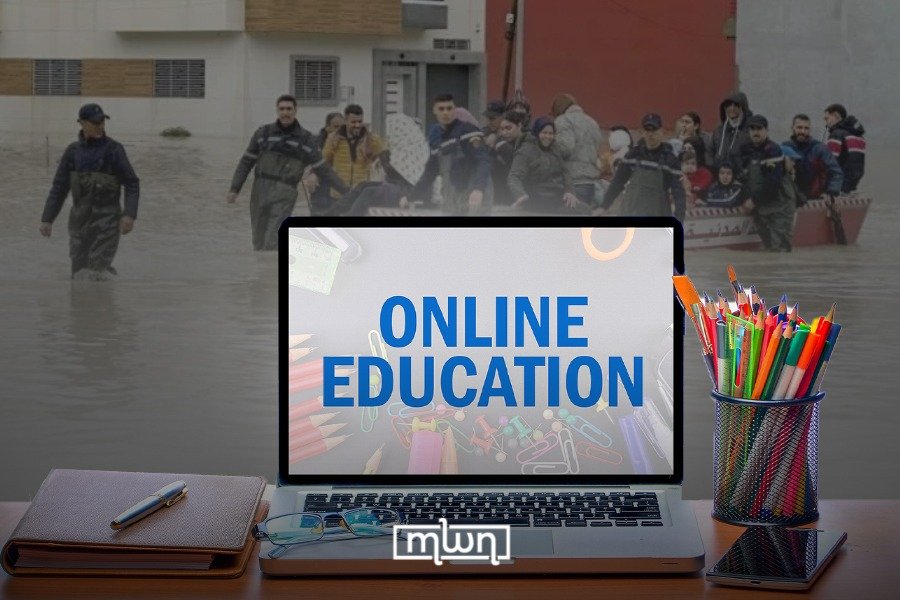 Moroccan students engaging in distance learning on laptops during flood displacement