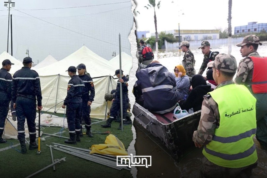 Northern Morocco's Deluge: A Nation Tested, A State Proven 3 Aerial view of flooded agricultural plains and submerged towns in Northern Morocco, with rescue teams operating.