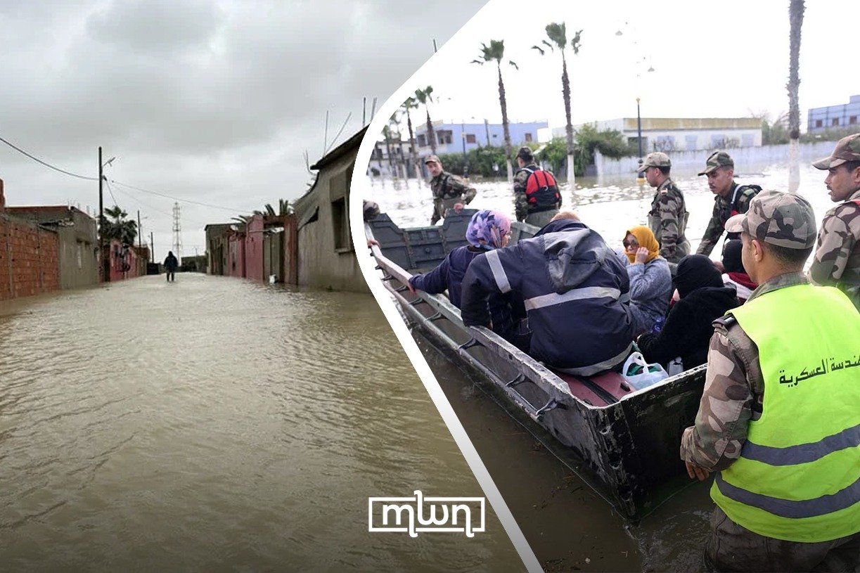 Moroccan emergency services assisting residents during flood evacuations amidst heavy rainfall.