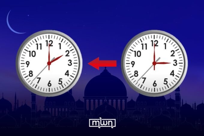 A clock showing time being adjusted, with a Moroccan flag in the background.