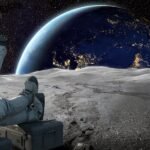 An astronaut in a space suit taking a selfie with an iPhone, with the Earth visible in the background from space.