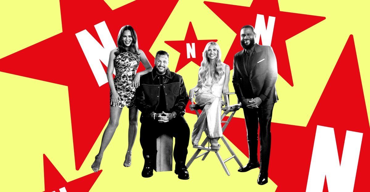 A vast, brightly lit Star Search studio with a giant star and multiple stages, ready for Netflix's live talent competition.