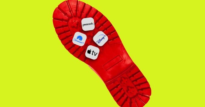 Illustration depicting various streaming service logos in a competitive landscape, with Netflix and Warner Bros. prominent.