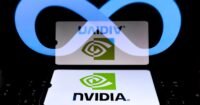 Nvidia and Meta logos with abstract AI chip designs in the background