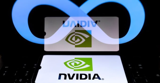 Nvidia and Meta logos with abstract AI chip designs in the background