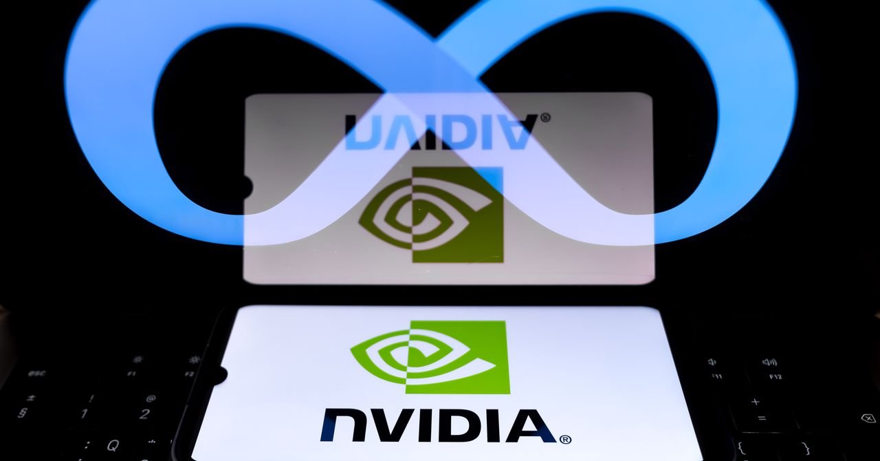 Nvidia's Full-Stack Future: CPUs Join GPUs in Powering Meta's AI Ambitions 3 Nvidia and Meta logos with abstract AI chip designs in the background