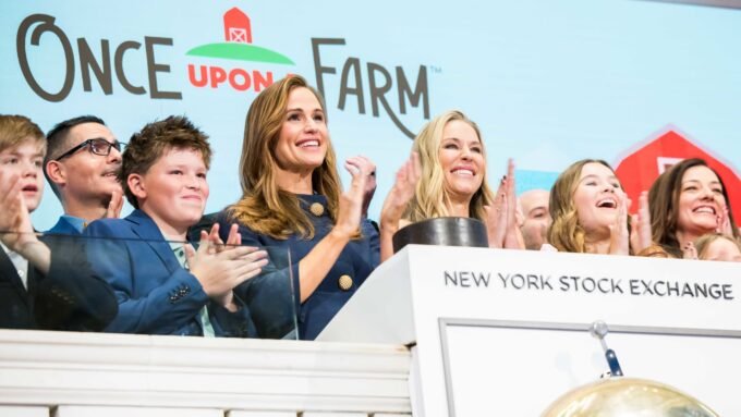 Jennifer Garner, co-founder of Once Upon a Farm, rings the opening bell at the New York Stock Exchange during the company's IPO.