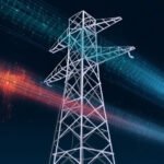 A digital representation of a cyberattack targeting a wind farm and solar panels, symbolizing the threat to renewable energy infrastructure.