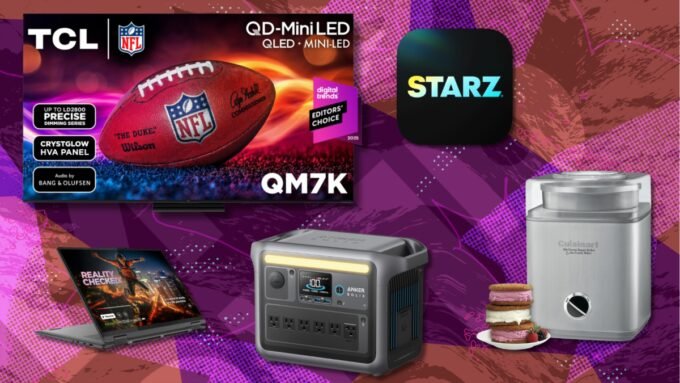 A collage of discounted tech products and home goods, including an Apple Watch, TV, and mattress, symbolizing Presidents' Day sales.