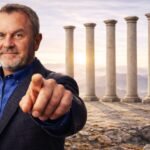 A strong, focused leader standing confidently, symbolizing purpose-driven leadership, with abstract pillars representing foundational principles in the background.