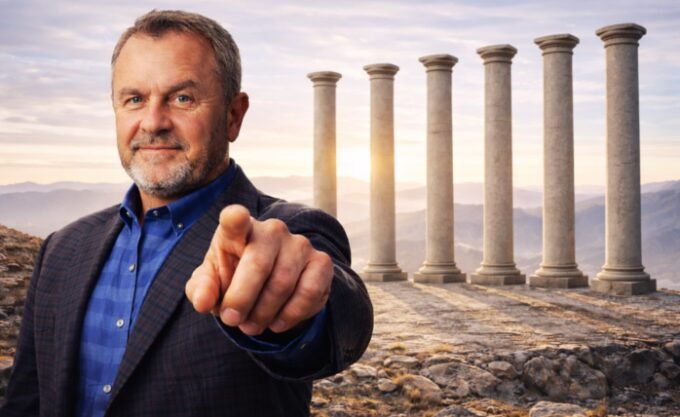 A strong, focused leader standing confidently, symbolizing purpose-driven leadership, with abstract pillars representing foundational principles in the background.