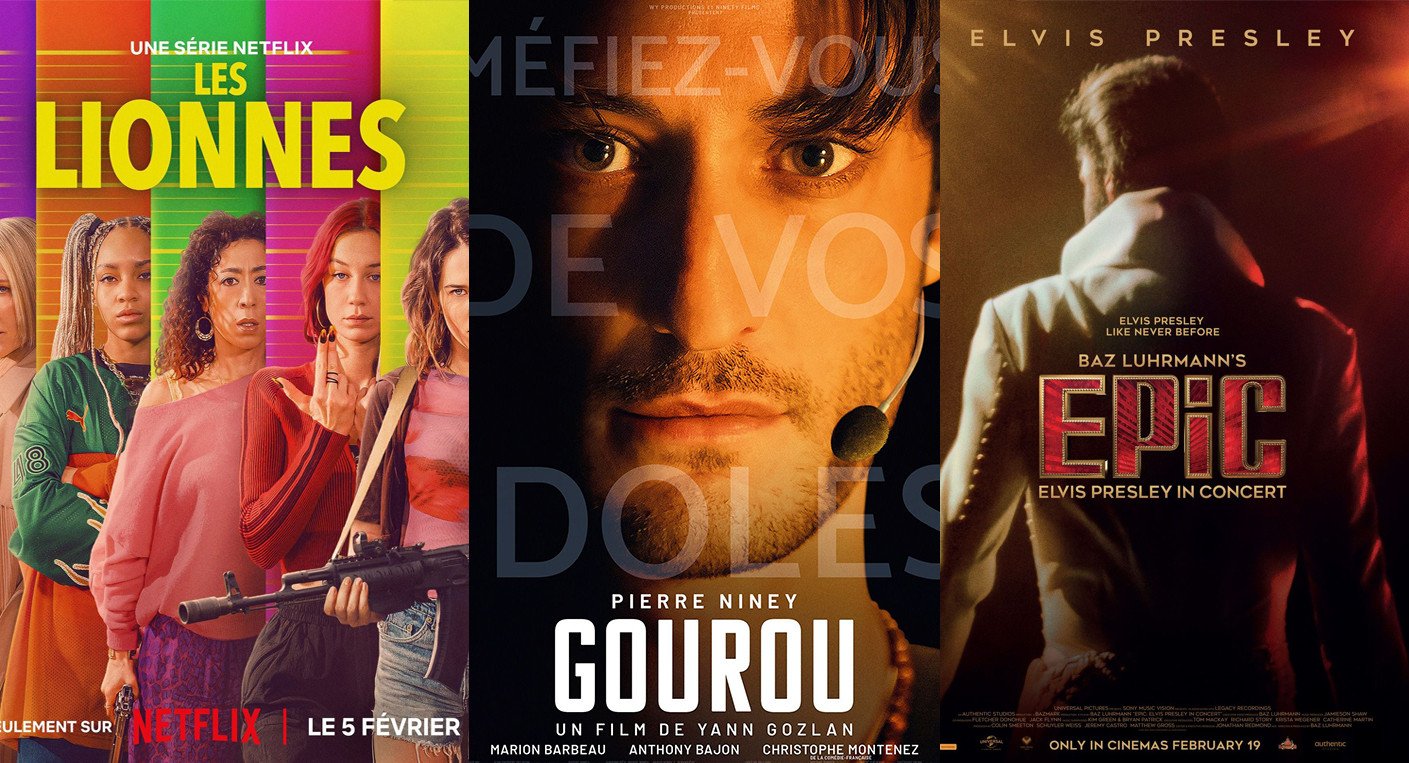 Une mosaïque d'images représentant les différentes recommandations culturelles : Pierre Niney dans Gourou, des femmes puissantes pour Les Lionnes, Elvis Presley en concert, et les personnages emblématiques de Grey's Anatomy, le tout dans une ambiance de détente et de divertissement du week-end.