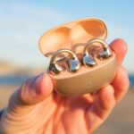 Les écouteurs realme Buds Clip et leur boîtier de charge, présentés dans un style élégant et moderne.