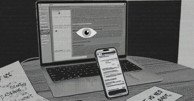 Illustration of a red kitten with glowing eyes, symbolizing a stealthy cyber threat, targeting a human rights activist's computer.