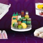 A perfectly organized refrigerator interior with various clear storage bins, neatly arranged produce, condiments, and beverages.